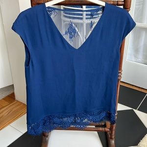 Parker silk navy top with lace details and lace back
